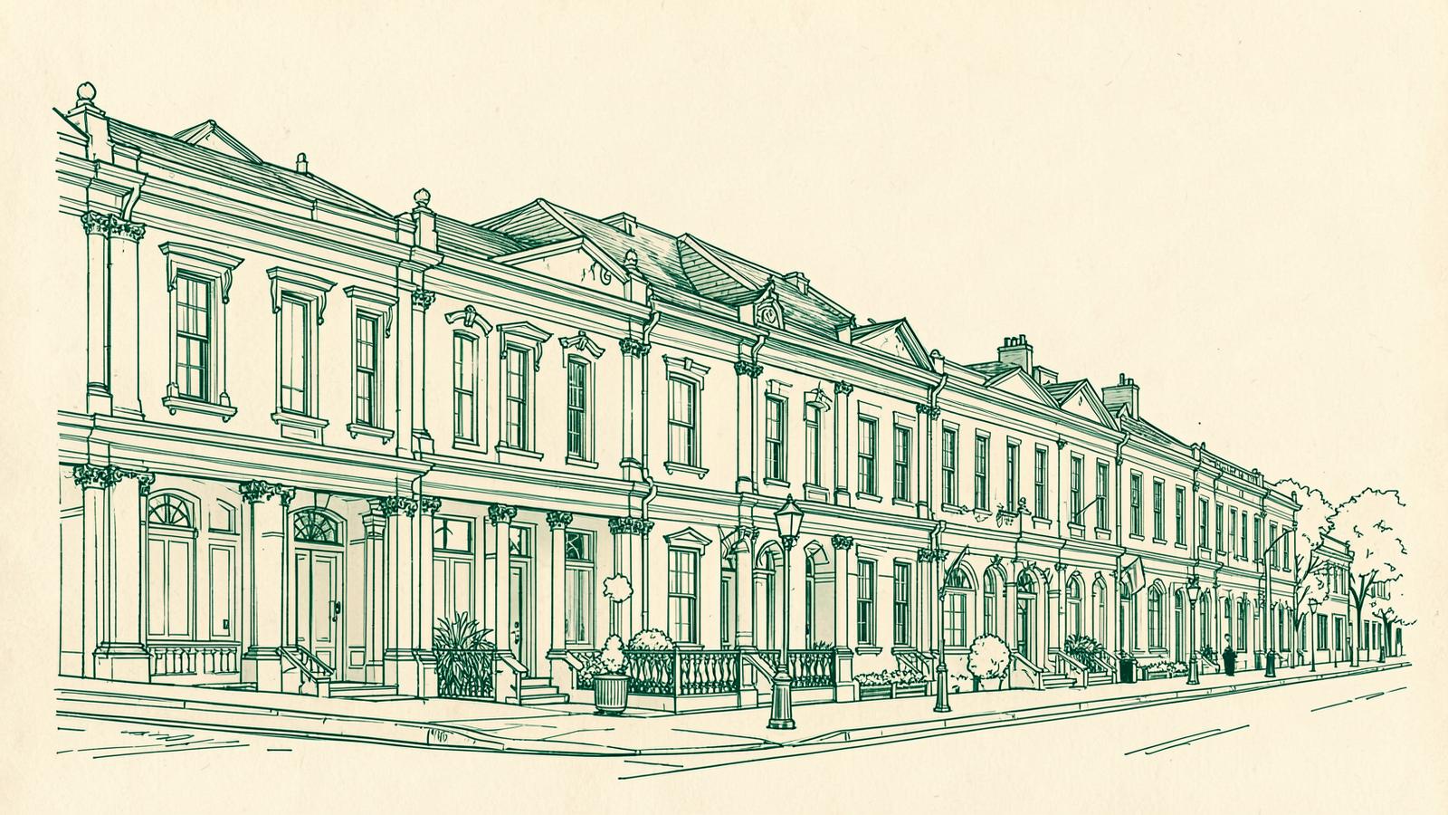 Line drawing of a Victorian terrace street